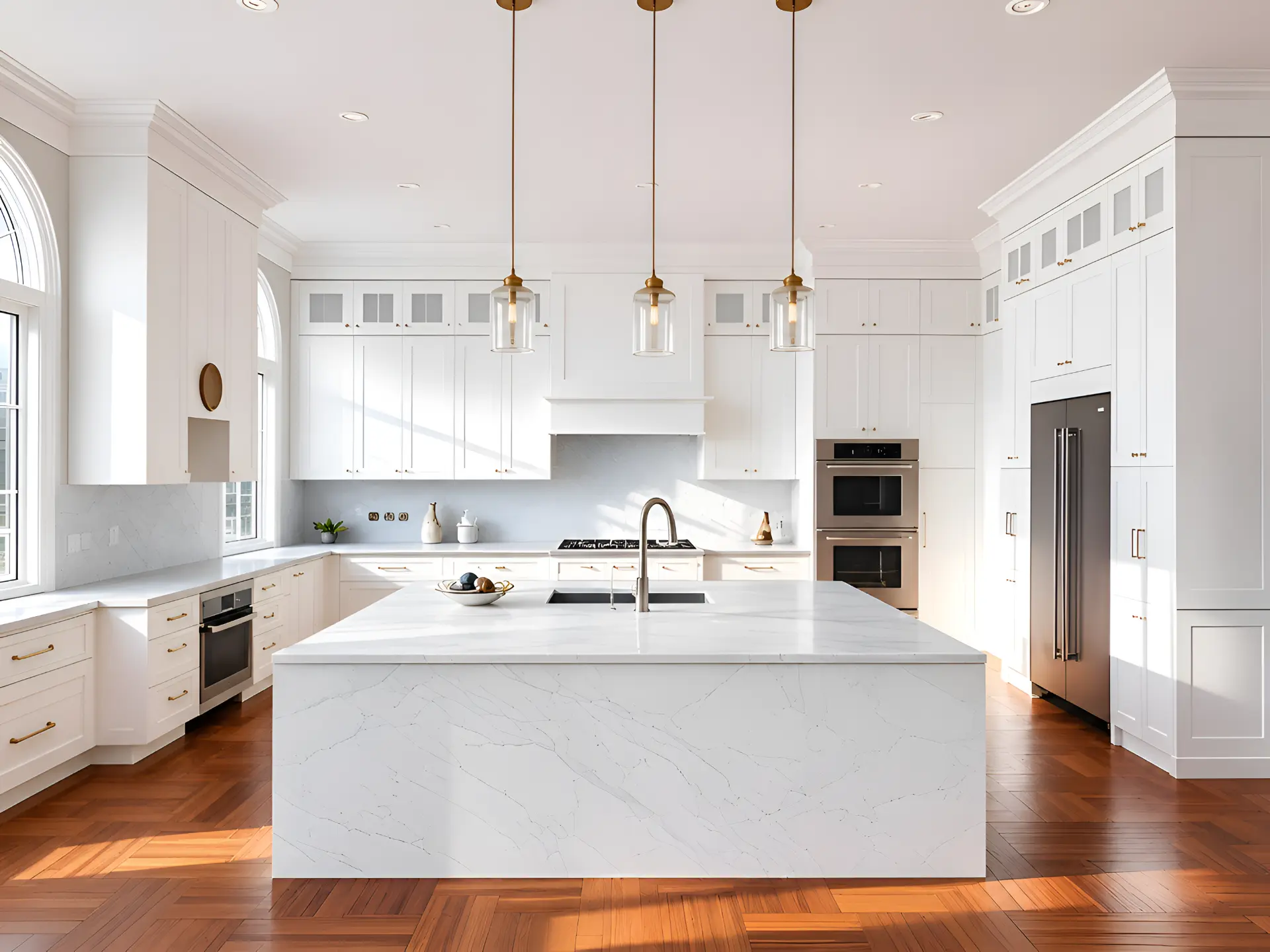 Bright white kitchen with a marble island and herringbone wood floor