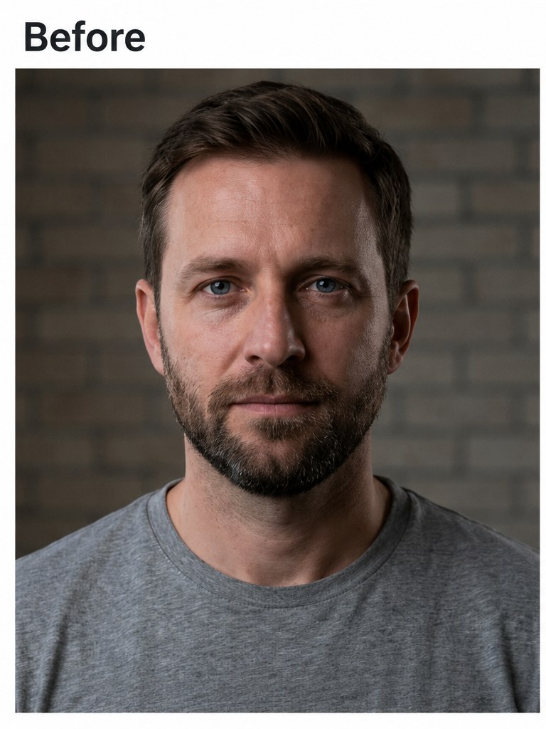 Bearded man's portrait graded with richer colour and light — original