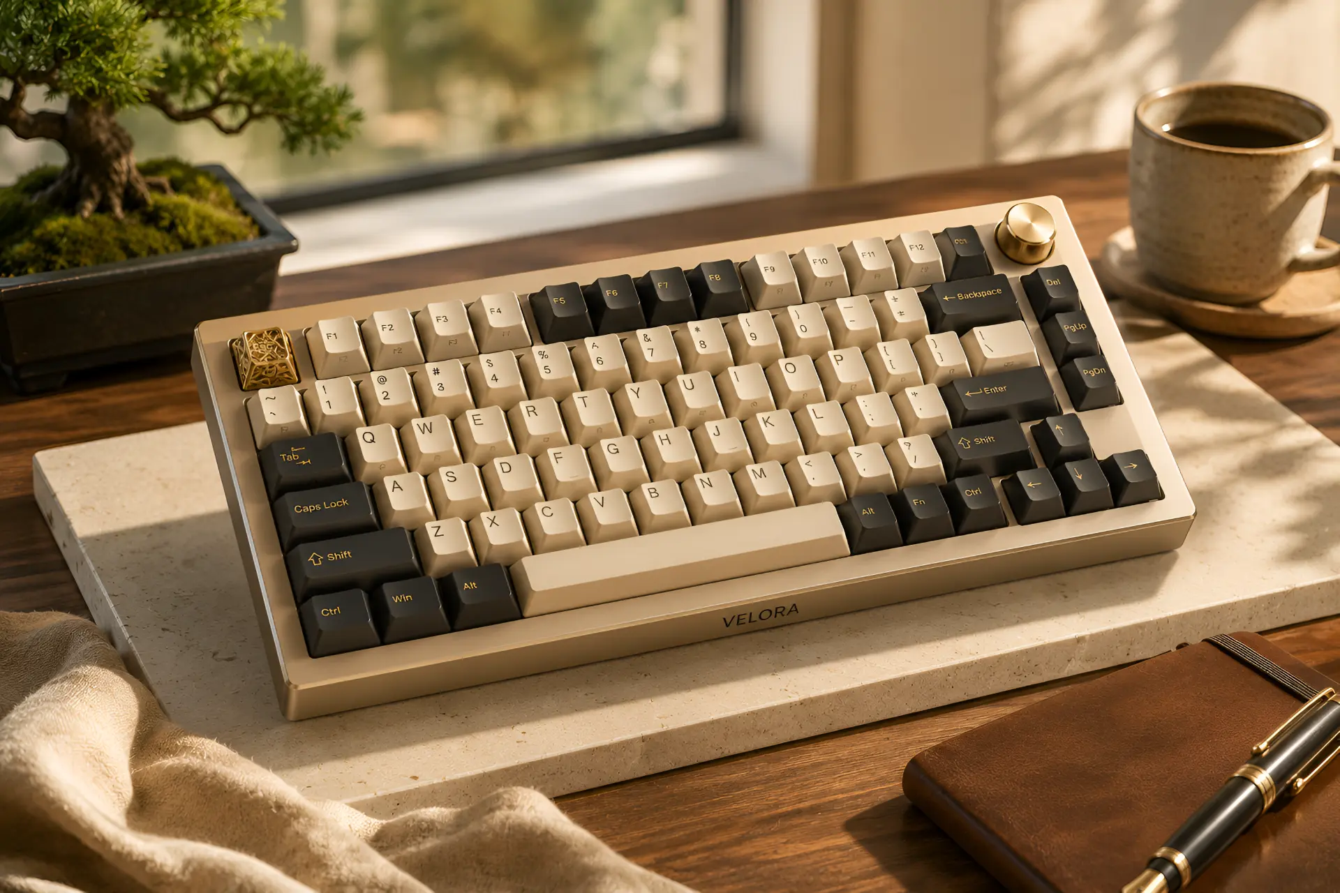 Cream and charcoal Velora mechanical keyboard in warm window light
