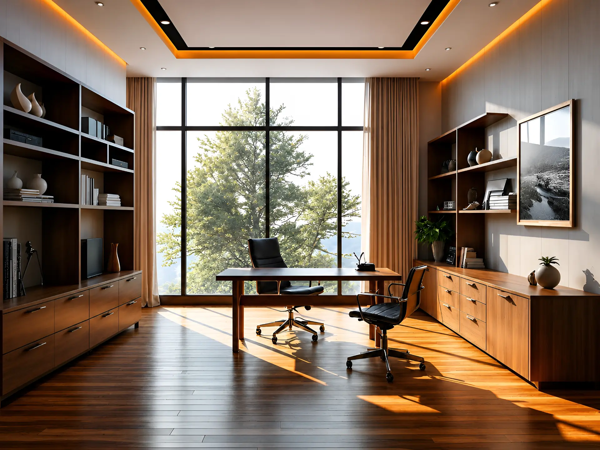 Sunlit home office with wooden shelving and a large window view