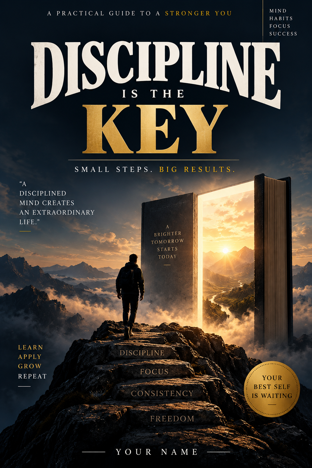 Motivational Discipline Is the Key poster with mountains and a glowing doorway