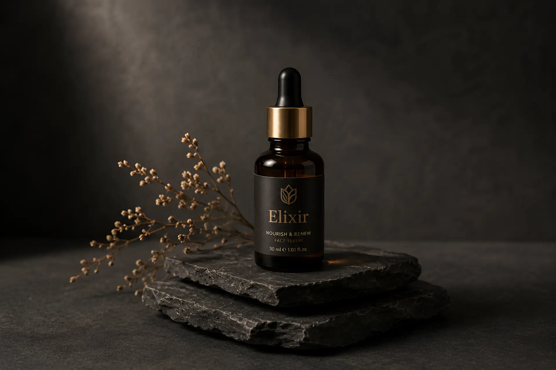 Black and gold Elixir face serum bottle on stacked slate with dried branches