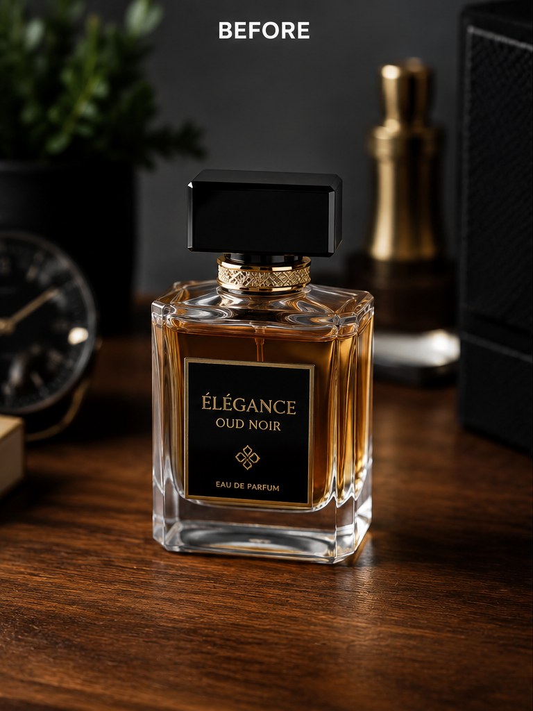 Perfume bottle cut out from a wooden desk onto a transparent background — original