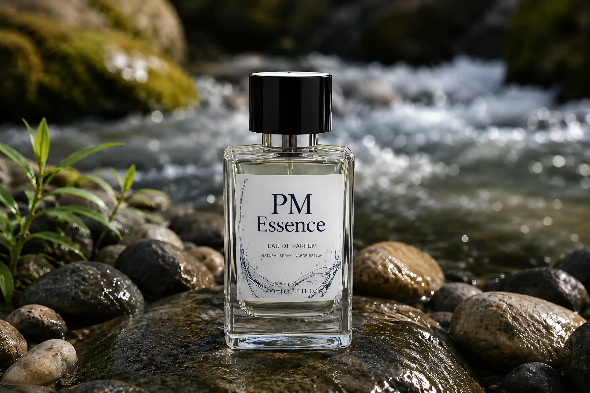 Clear PM Essence perfume bottle beside a flowing stream and wet stones