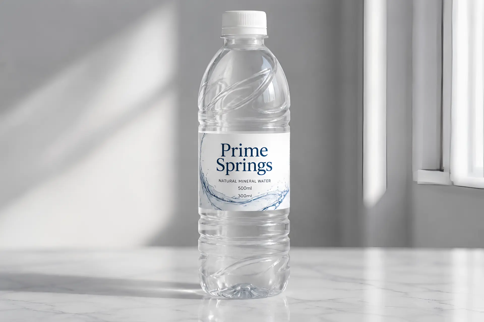 Transparent Prime Springs water bottle in a bright grey interior