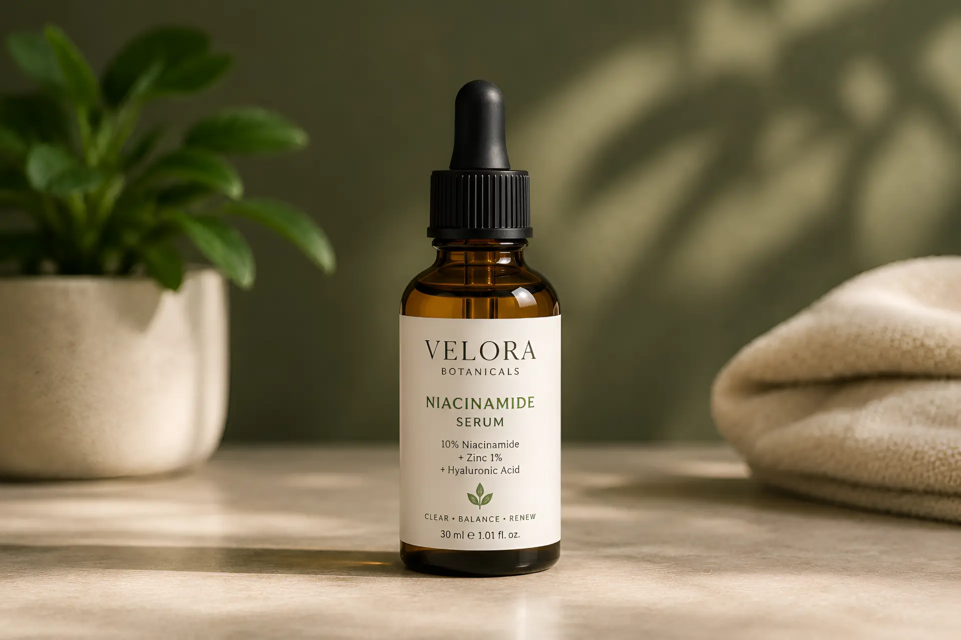 Niacinamide serum bottle on a stone counter with soft leaf shadows