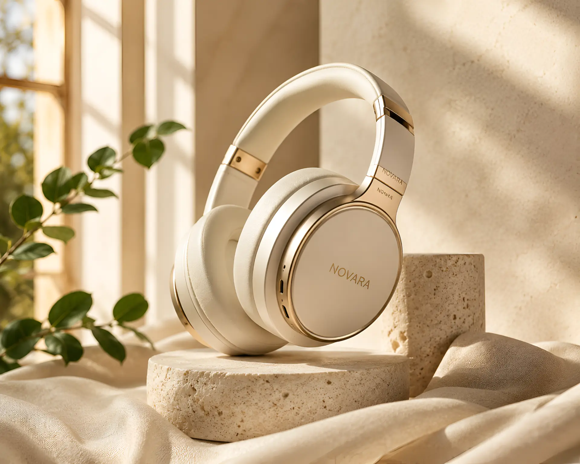 Cream and gold Novara headphones resting on a stone pedestal