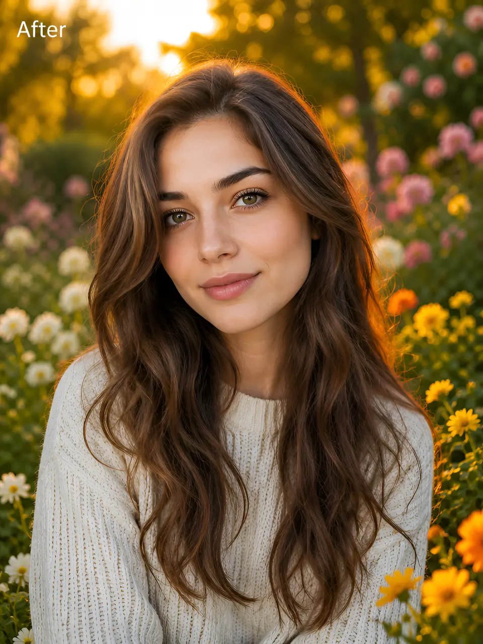 Woman photographed indoors placed into a bright outdoor floral scene