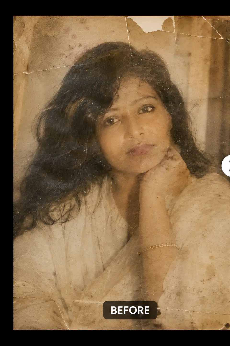 Aged damaged portrait of a woman restored to a clean modern photo — original