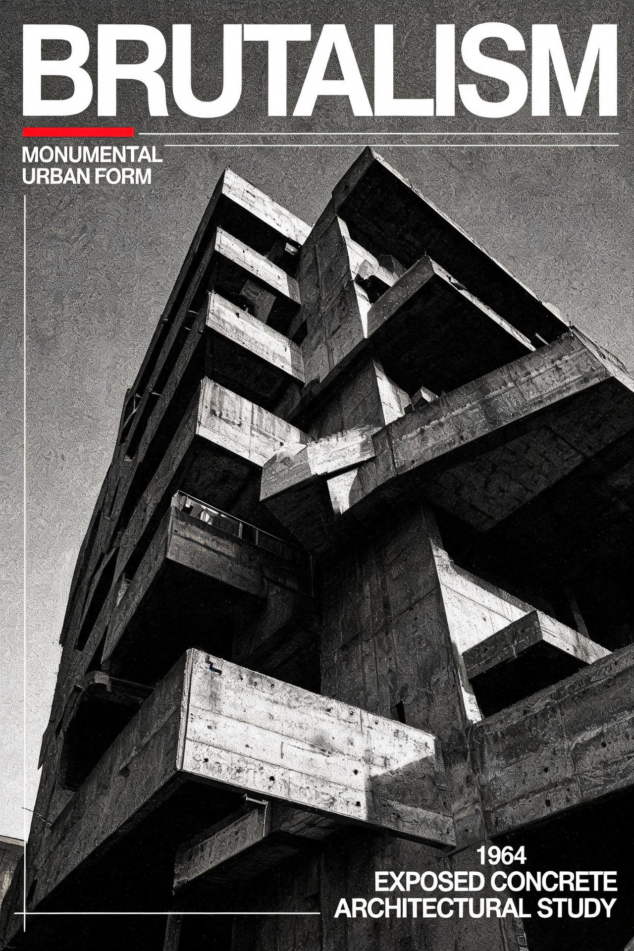 Black and white Brutalism architecture poster with a red accent