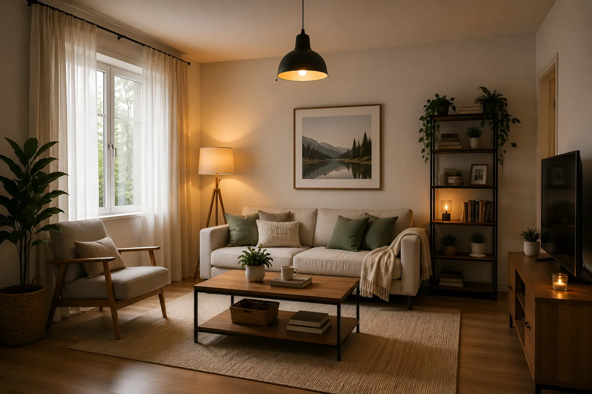 Warm living room lit by a lamp with green cushions and a framed print