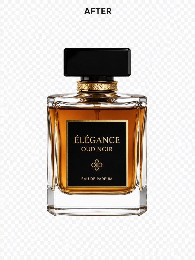 Perfume bottle cut out from a wooden desk onto a transparent background