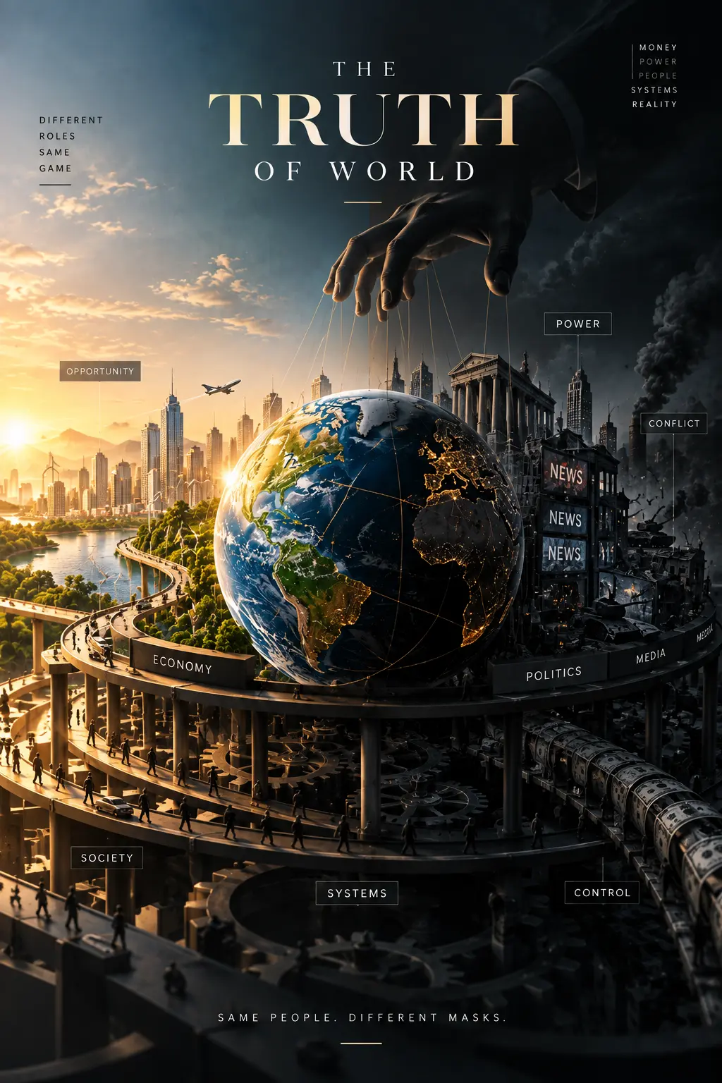 Editorial poster split between a bright and dark city with a globe