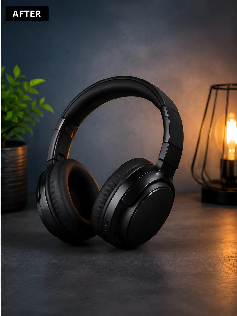 Black headphones moved from a plain desk to a moody lamp-lit scene
