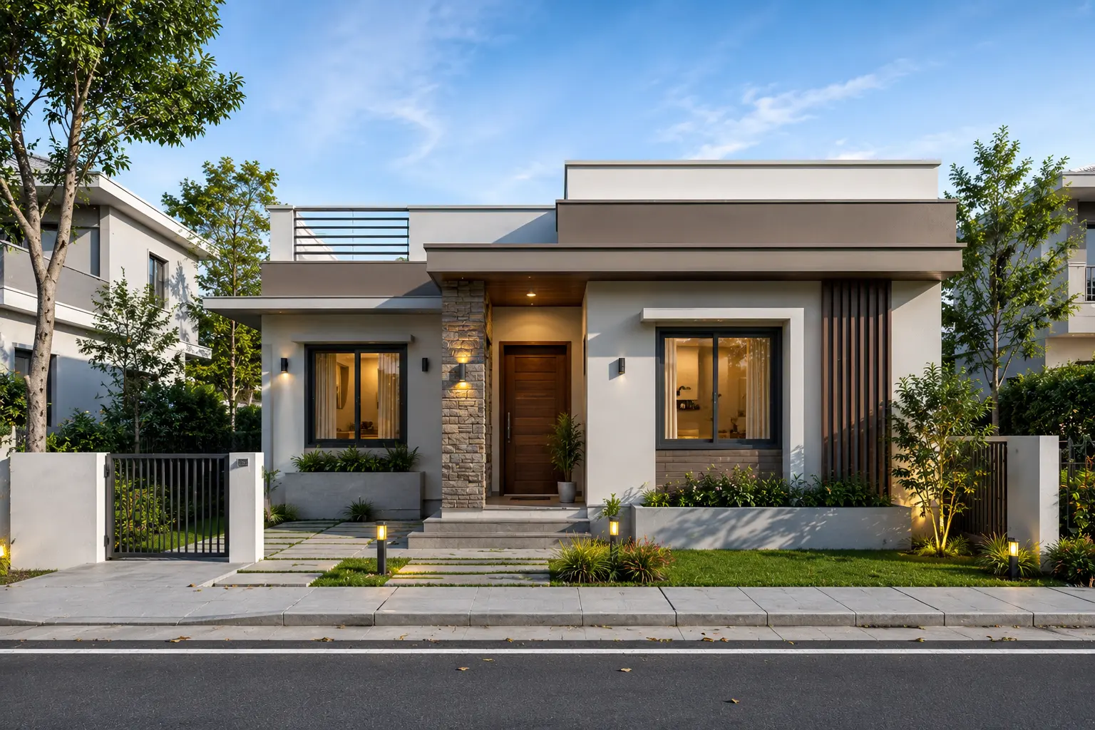 Modern single storey house exterior at dusk with warm entry lighting