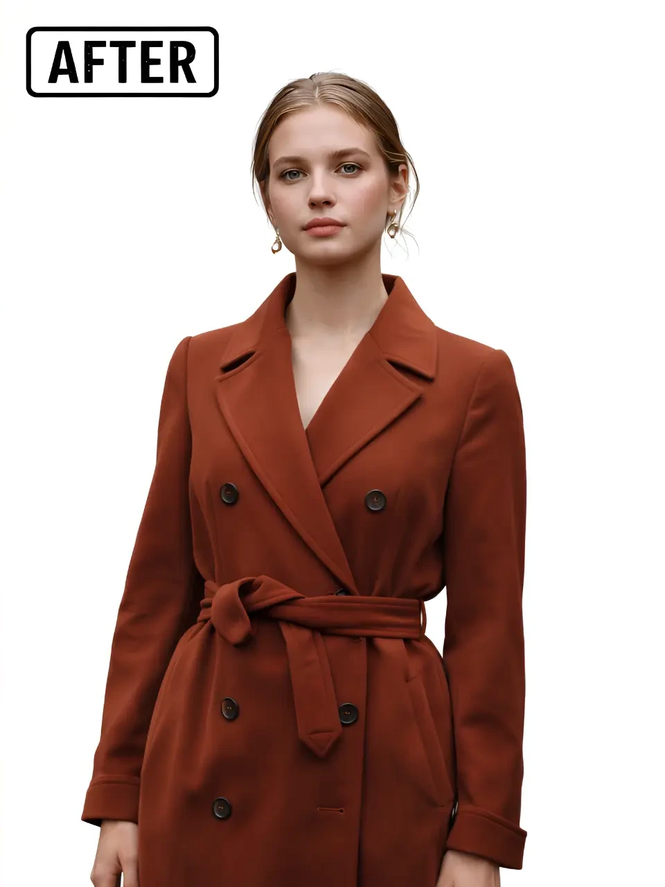 Woman in a rust coat isolated from a woodland background