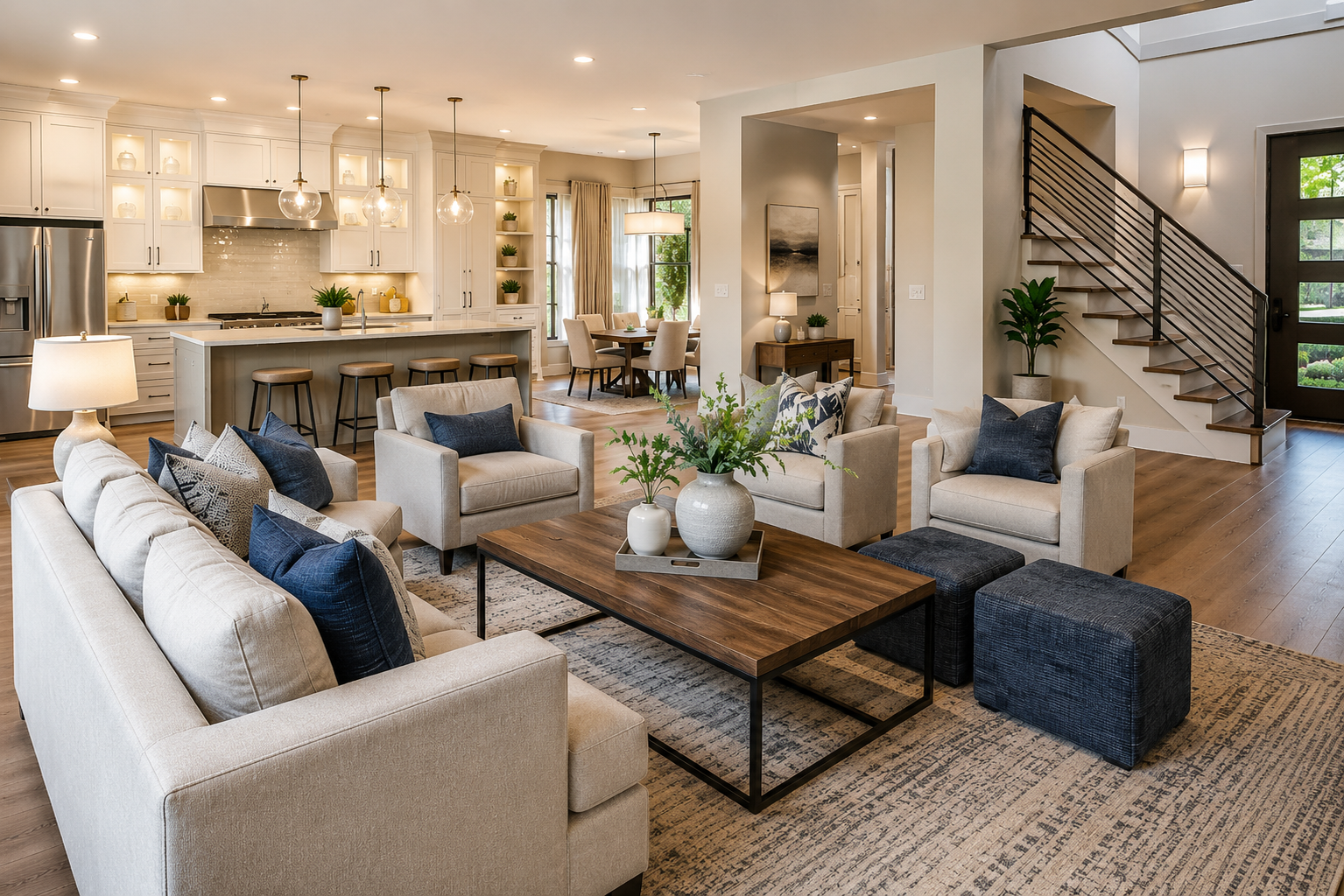 Bright open-plan living room, kitchen and staircase
