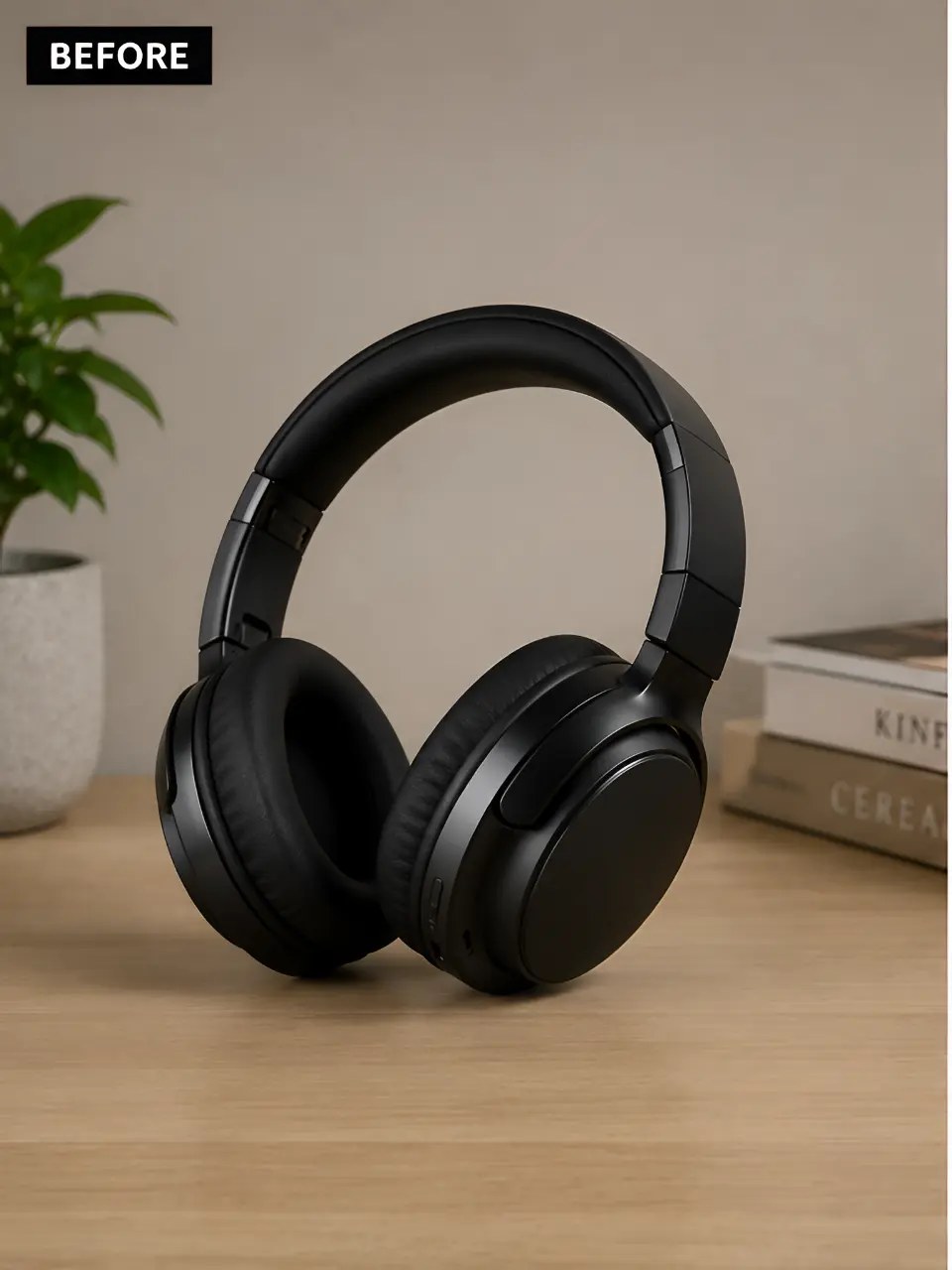 Black headphones moved from a plain desk to a moody lamp-lit scene — original