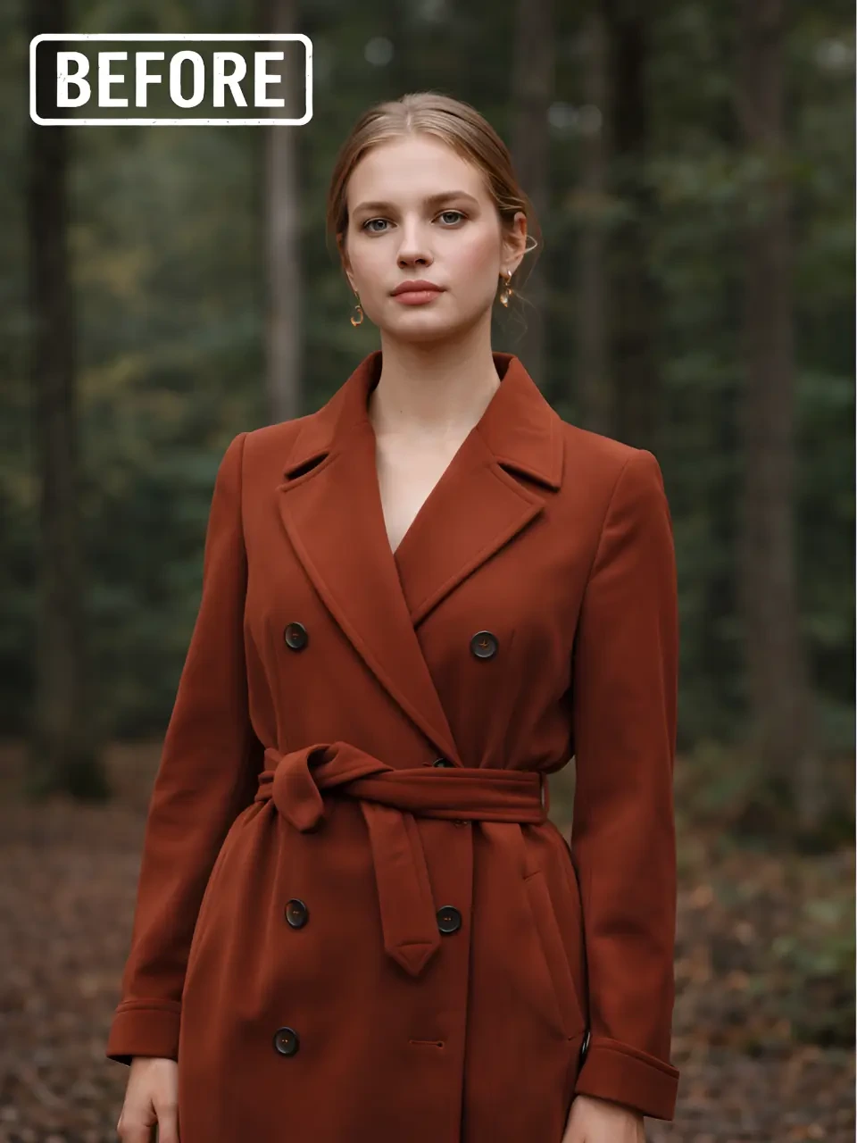 Woman in a rust coat isolated from a woodland background — original
