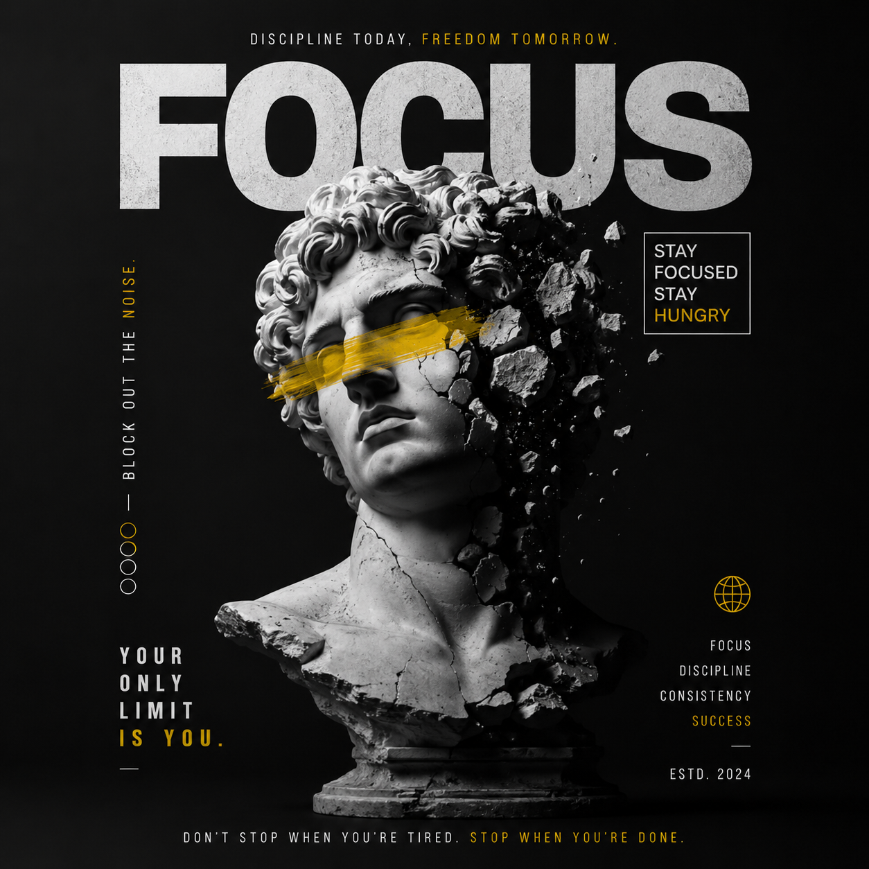 Dark Focus motivational poster with a marble bust and yellow typography